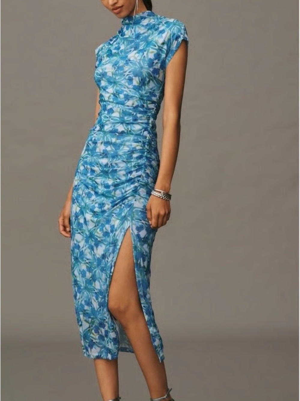Anthropologie Blue Floral Midi Dress with High Neck and Side Slit